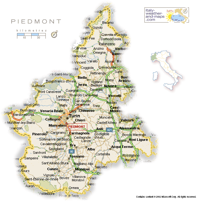 mapa regionu Piemont